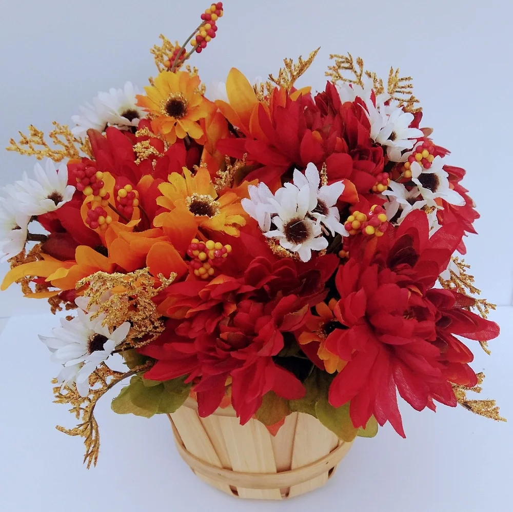 Vibrant Fall Floral Arrangement in Wooden Basket